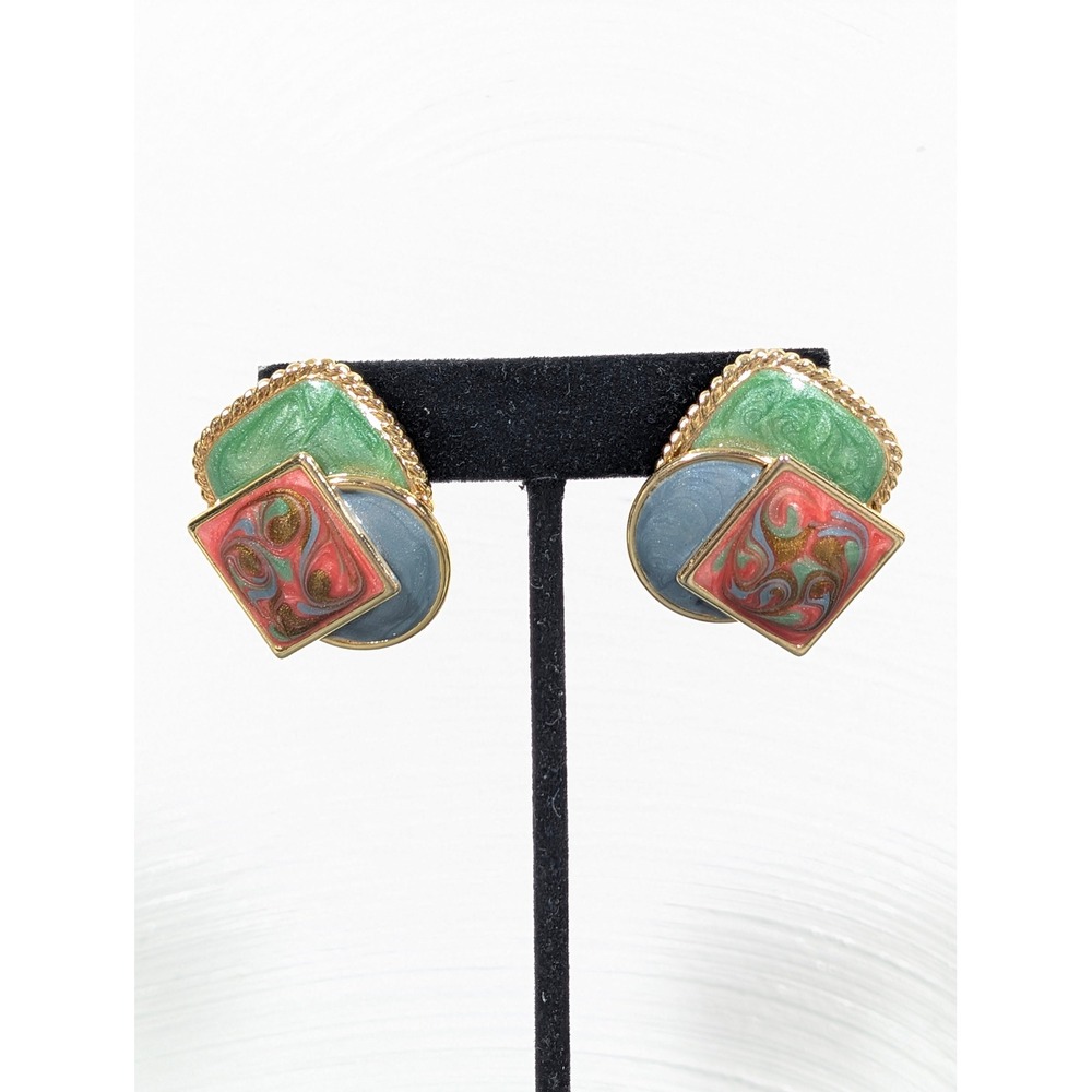 Vintage Enamel Color Block Earrings Blue Green Swirl Geometric Memphis Style‎